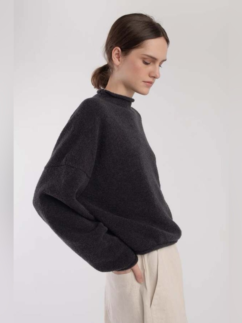 Micaela Greg Boucle Rolled Sweater Charcoal Grey Merino Wool Relaxed Fit